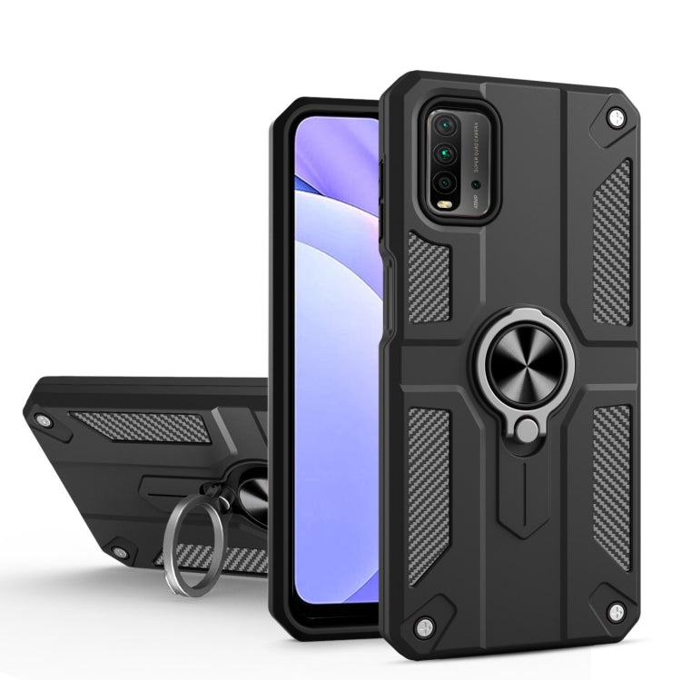 For Xiaomi Poco M3 / Redmi 9 Power Carbon Fiber Pattern PC + TPU Protective Case with Ring Holder