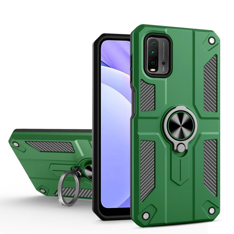 For Xiaomi Poco M3 / Redmi 9 Power Carbon Fiber Pattern PC + TPU Protective Case with Ring Holder
