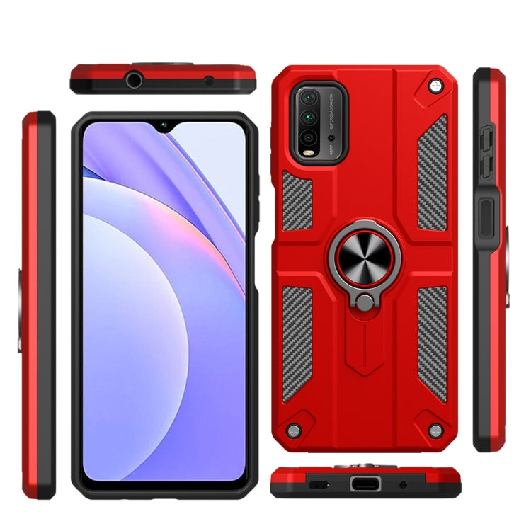 For Xiaomi Poco M3 / Redmi 9 Power Carbon Fiber Pattern PC + TPU Protective Case with Ring Holder