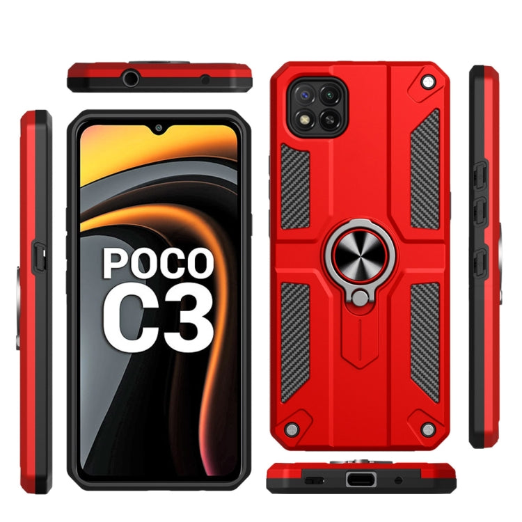 For Xiaomi Poco C3 Carbon Fiber Pattern PC + TPU Protective Case with Ring Holder