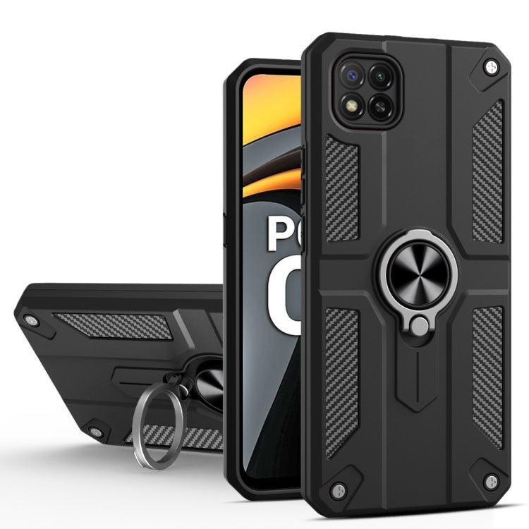For Xiaomi Poco C3 Carbon Fiber Pattern PC + TPU Protective Case with Ring Holder