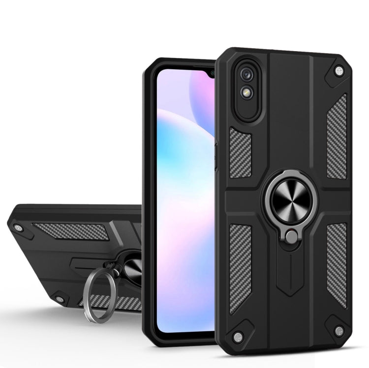 For Xiaomi Redmi 9A Carbon Fiber Pattern PC + TPU Protective Case with Ring Holder