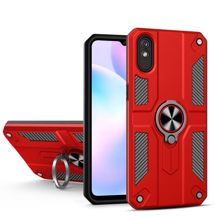 For Xiaomi Redmi 9A Carbon Fiber Pattern PC + TPU Protective Case with Ring Holder