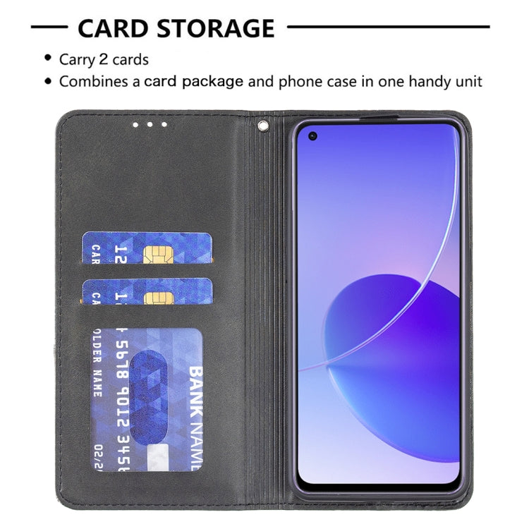 For OPPO Reno6 Rhombus Texture Horizontal Flip Magnetic Leather Case with Holder & Card Slots