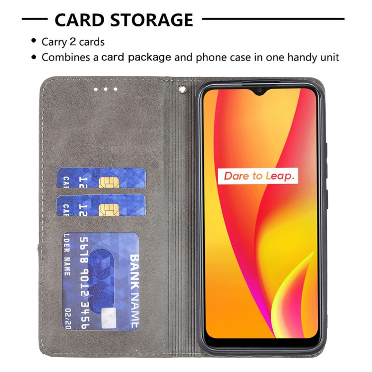 For OPPO Realme C15 / C12 / C25 Rhombus Texture Horizontal Flip Magnetic Leather Case with Holder & Card Slots