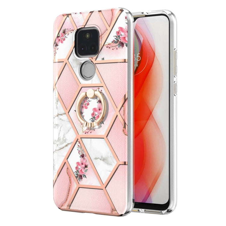 For Motorola Moto G Play (2021) Electroplating Splicing Marble Flower Pattern TPU Shockproof Case with Rhinestone Ring Holder