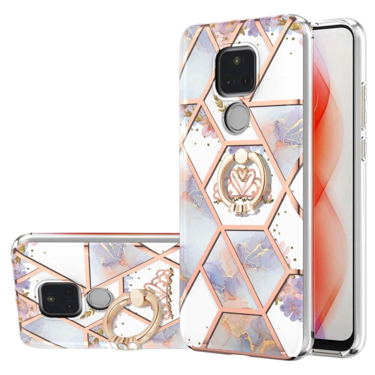For Motorola Moto G Play (2021) Electroplating Splicing Marble Flower Pattern TPU Shockproof Case with Rhinestone Ring Holder