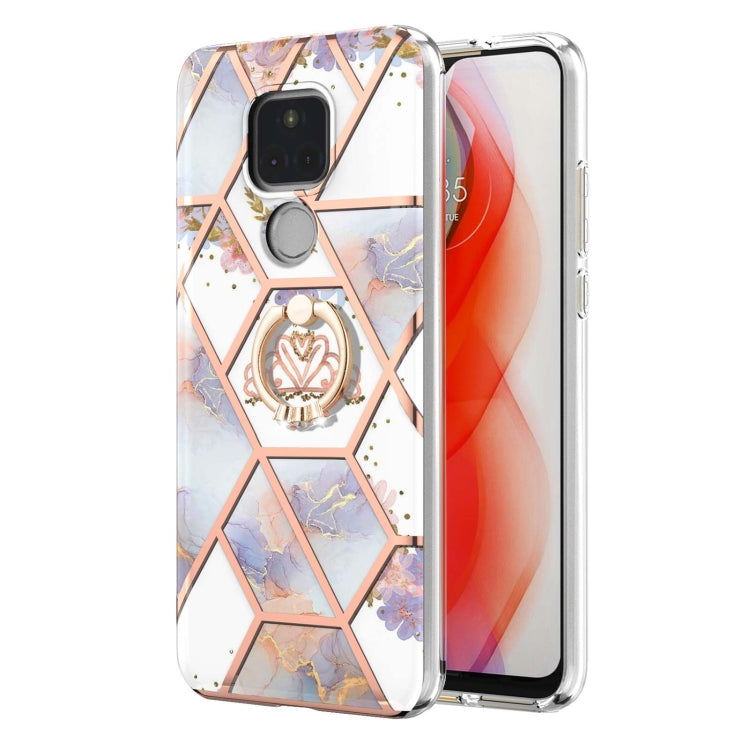 For Motorola Moto G Play (2021) Electroplating Splicing Marble Flower Pattern TPU Shockproof Case with Rhinestone Ring Holder