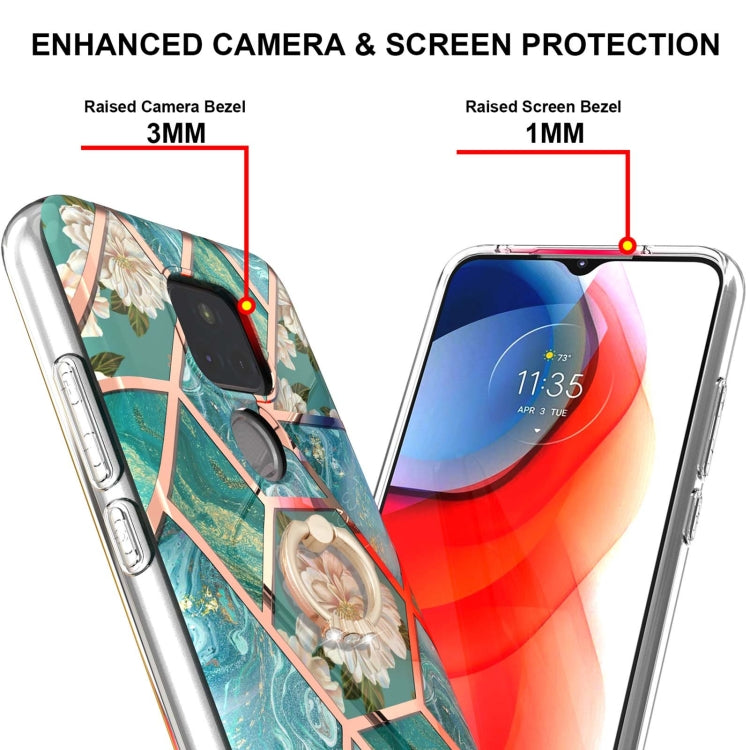 For Motorola Moto G Play (2021) Electroplating Splicing Marble Flower Pattern TPU Shockproof Case with Rhinestone Ring Holder