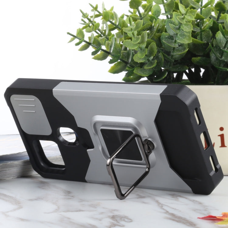 For Google Pixel 5a 5G Sliding Camera Cover Design PC + TPU Shockproof Case with Ring Holder & Card Slot