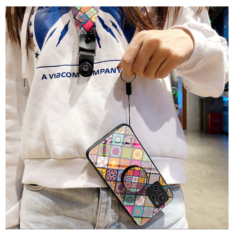 For Xiaomi Redmi Note 10 Pro 5G Painted Ethnic Pattern Tempered Glass TPU Shockproof Case with Folding Magnetic Holder & Neck Strap