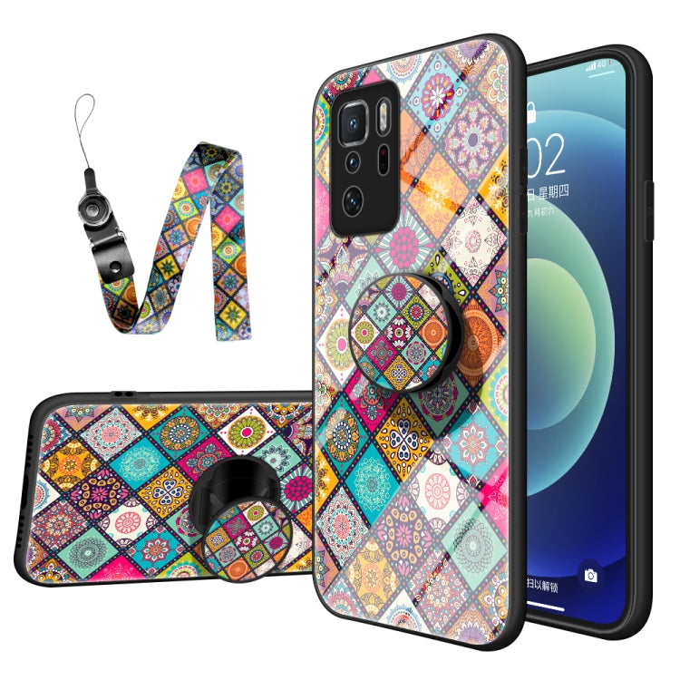 For Xiaomi Poco X3 GT Painted Ethnic Pattern Tempered Glass TPU Shockproof Case with Folding Magnetic Holder & Neck Strap
