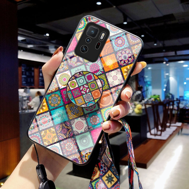 For Xiaomi Poco X3 GT Painted Ethnic Pattern Tempered Glass TPU Shockproof Case with Folding Magnetic Holder & Neck Strap
