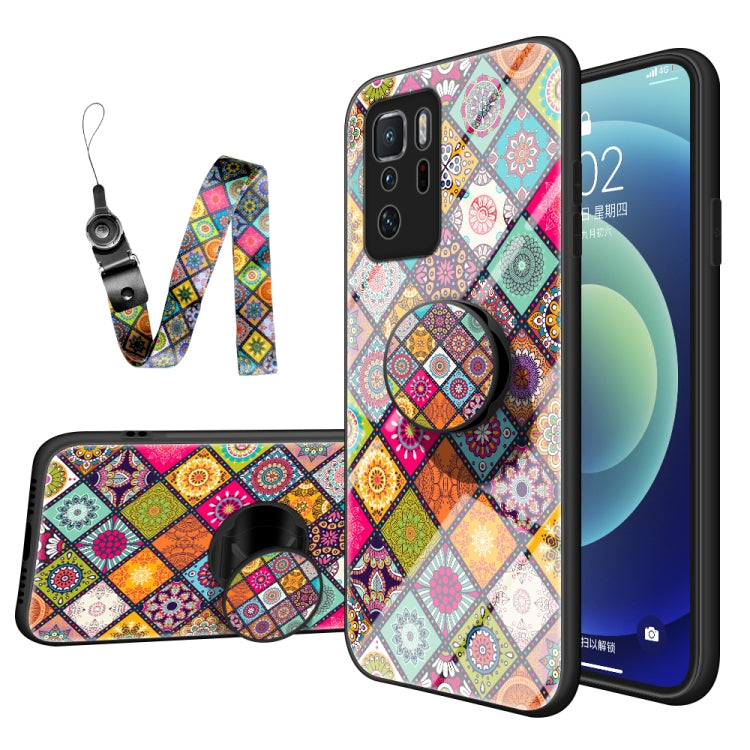 For Xiaomi Poco X3 GT Painted Ethnic Pattern Tempered Glass TPU Shockproof Case with Folding Magnetic Holder & Neck Strap