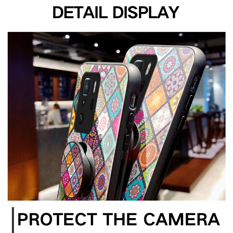 For Xiaomi Poco X3 GT Painted Ethnic Pattern Tempered Glass TPU Shockproof Case with Folding Magnetic Holder & Neck Strap