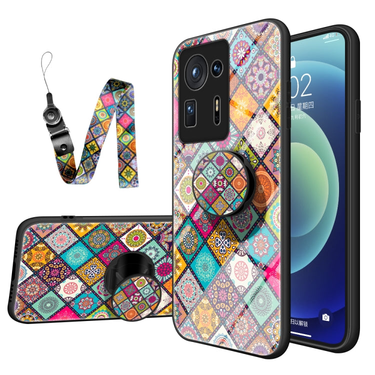 For Xiaomi Mi Mix 4 Painted Ethnic Pattern Tempered Glass TPU Shockproof Case with Folding Magnetic Holder & Neck Strap