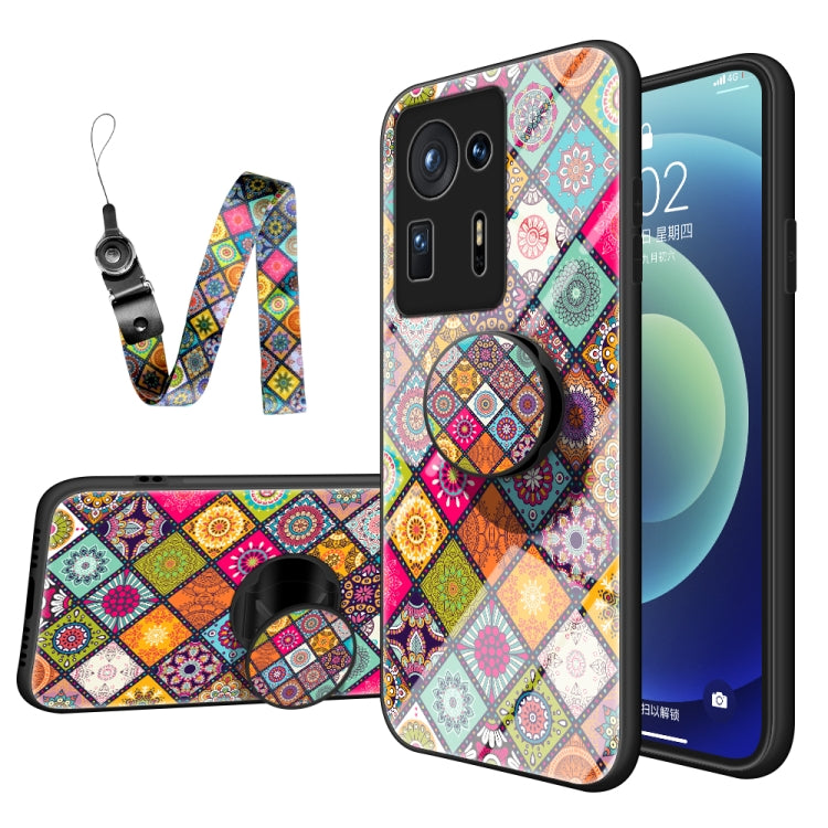 For Xiaomi Mi Mix 4 Painted Ethnic Pattern Tempered Glass TPU Shockproof Case with Folding Magnetic Holder & Neck Strap
