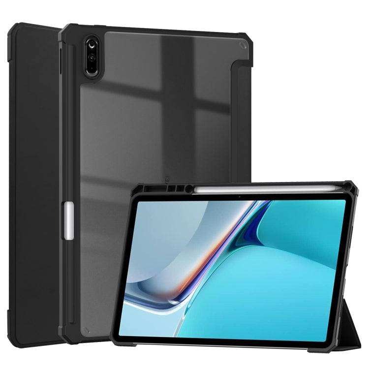 For Huawei MatePad 11 2021 Three-fold Transparent TPU Horizontal Flip Leather Case with Pen Slot & Three-fold Holder & Sleep / Wake-up Function