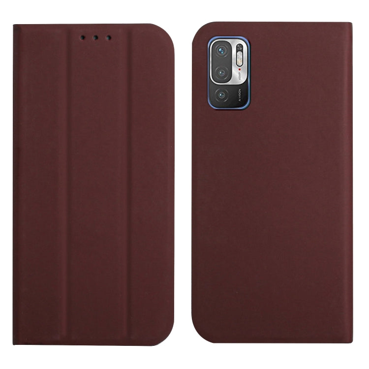 For Xiaomi Redmi Note 10 5G 3-Folding Ultrathin Skin Feel Magnetic Solid Color Horizontal Flip Leather Case with Holder