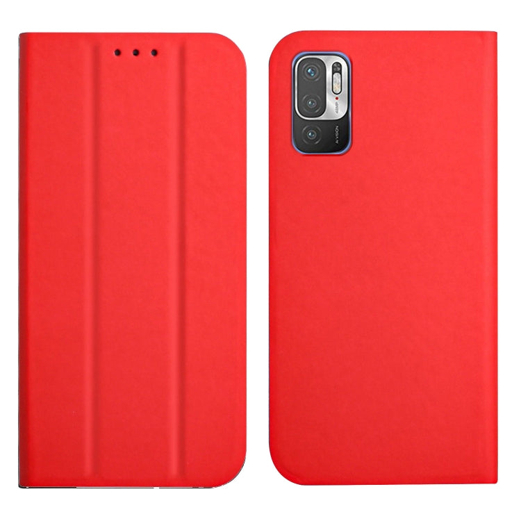 For Xiaomi Redmi Note 10 5G 3-Folding Ultrathin Skin Feel Magnetic Solid Color Horizontal Flip Leather Case with Holder