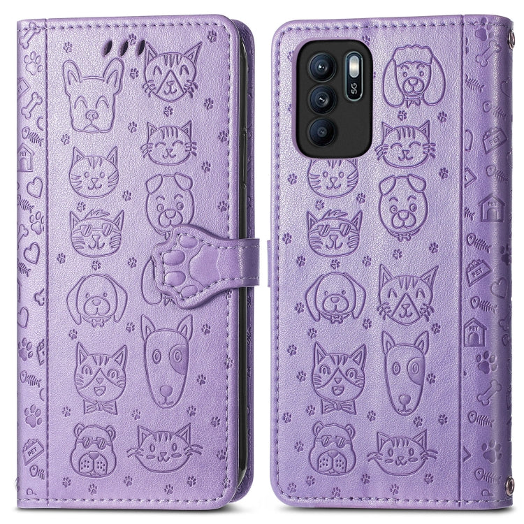 For OPPO Reno6 Z Lovely Cat and Dog Embossing Pattern Horizontal Flip Leather Case , with Holder & Card Slots & Wallet & Cartoon Clasp & Lanyard