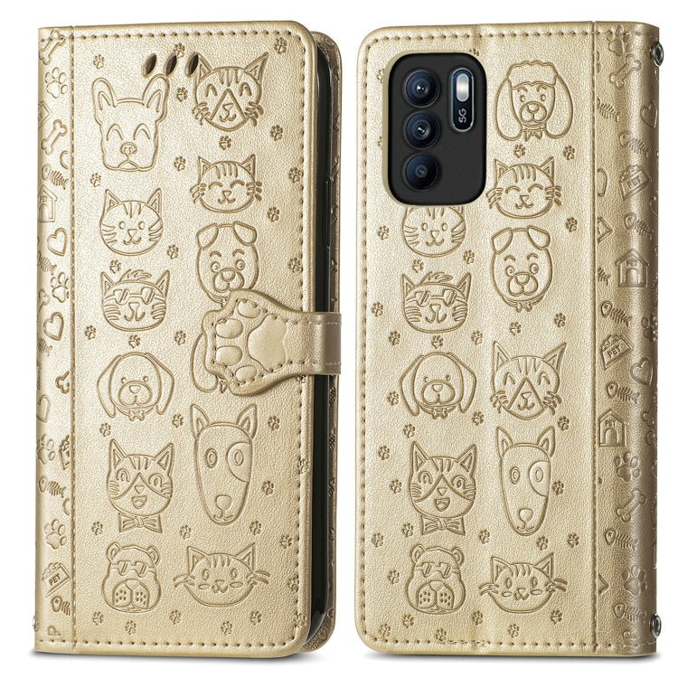 For OPPO Reno6 Z Lovely Cat and Dog Embossing Pattern Horizontal Flip Leather Case , with Holder & Card Slots & Wallet & Cartoon Clasp & Lanyard
