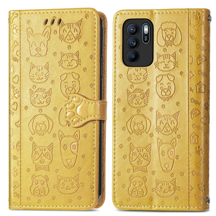 For OPPO Reno6 Z Lovely Cat and Dog Embossing Pattern Horizontal Flip Leather Case , with Holder & Card Slots & Wallet & Cartoon Clasp & Lanyard