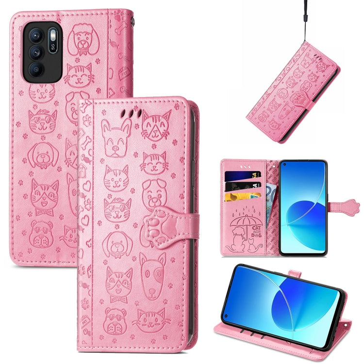 For OPPO Reno6 Z Lovely Cat and Dog Embossing Pattern Horizontal Flip Leather Case , with Holder & Card Slots & Wallet & Cartoon Clasp & Lanyard