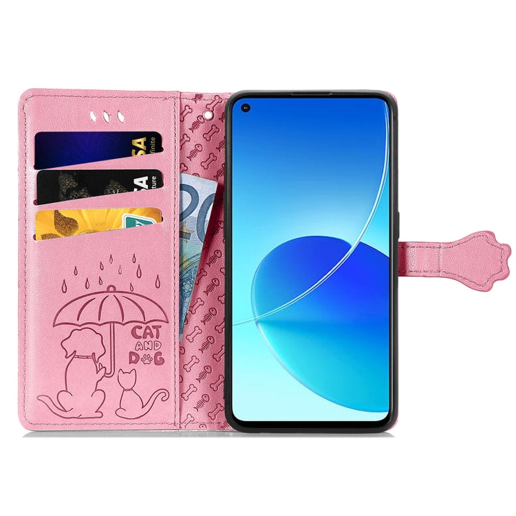 For OPPO Reno6 Z Lovely Cat and Dog Embossing Pattern Horizontal Flip Leather Case , with Holder & Card Slots & Wallet & Cartoon Clasp & Lanyard