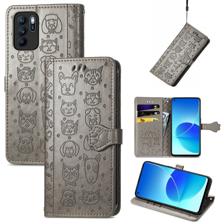 For OPPO Reno6 Z Lovely Cat and Dog Embossing Pattern Horizontal Flip Leather Case , with Holder & Card Slots & Wallet & Cartoon Clasp & Lanyard