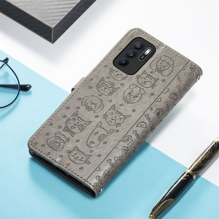 For OPPO Reno6 Z Lovely Cat and Dog Embossing Pattern Horizontal Flip Leather Case , with Holder & Card Slots & Wallet & Cartoon Clasp & Lanyard