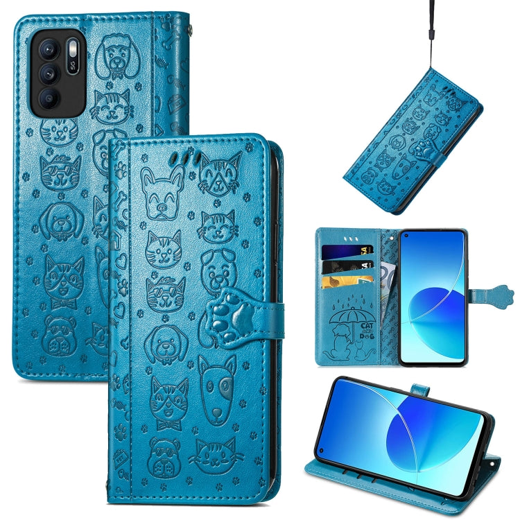 For OPPO Reno6 Z Lovely Cat and Dog Embossing Pattern Horizontal Flip Leather Case , with Holder & Card Slots & Wallet & Cartoon Clasp & Lanyard