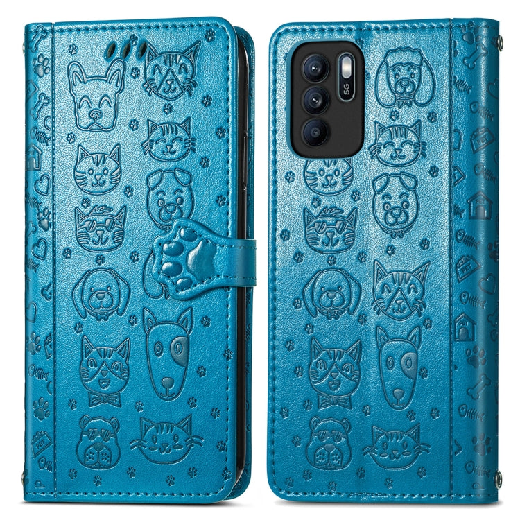 For OPPO Reno6 Z Lovely Cat and Dog Embossing Pattern Horizontal Flip Leather Case , with Holder & Card Slots & Wallet & Cartoon Clasp & Lanyard