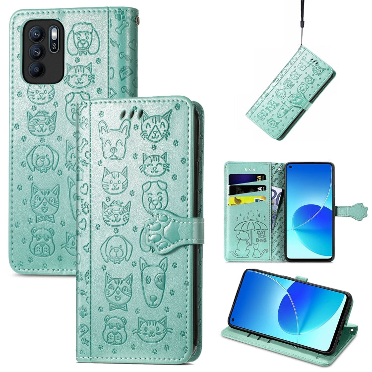 For OPPO Reno6 Z Lovely Cat and Dog Embossing Pattern Horizontal Flip Leather Case , with Holder & Card Slots & Wallet & Cartoon Clasp & Lanyard