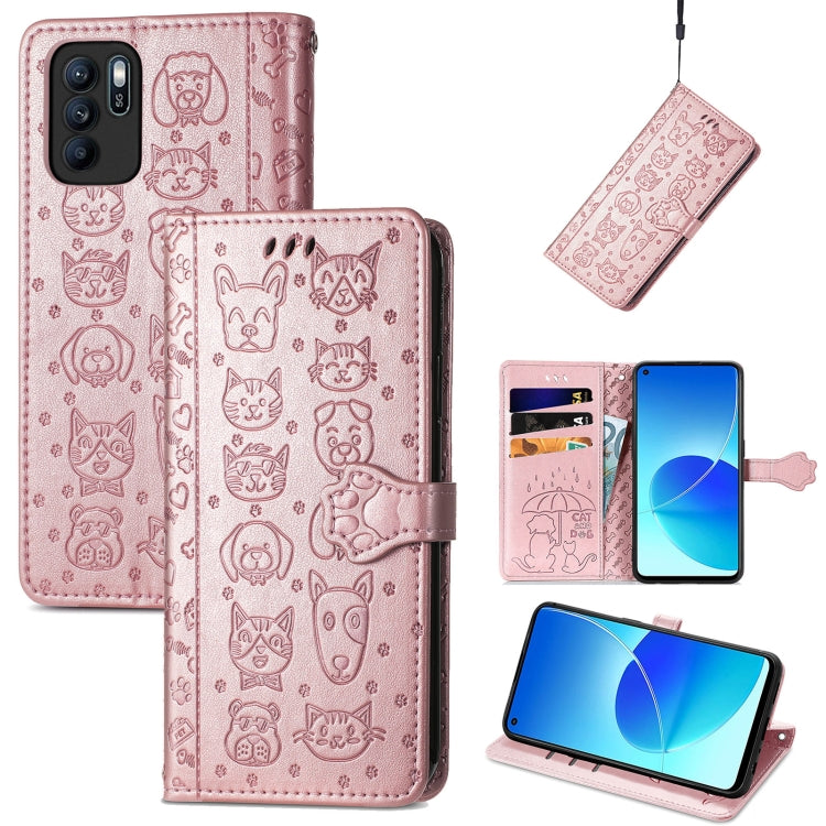 For OPPO Reno6 Z Lovely Cat and Dog Embossing Pattern Horizontal Flip Leather Case , with Holder & Card Slots & Wallet & Cartoon Clasp & Lanyard