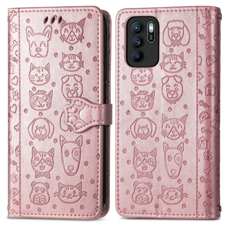 For OPPO Reno6 Z Lovely Cat and Dog Embossing Pattern Horizontal Flip Leather Case , with Holder & Card Slots & Wallet & Cartoon Clasp & Lanyard