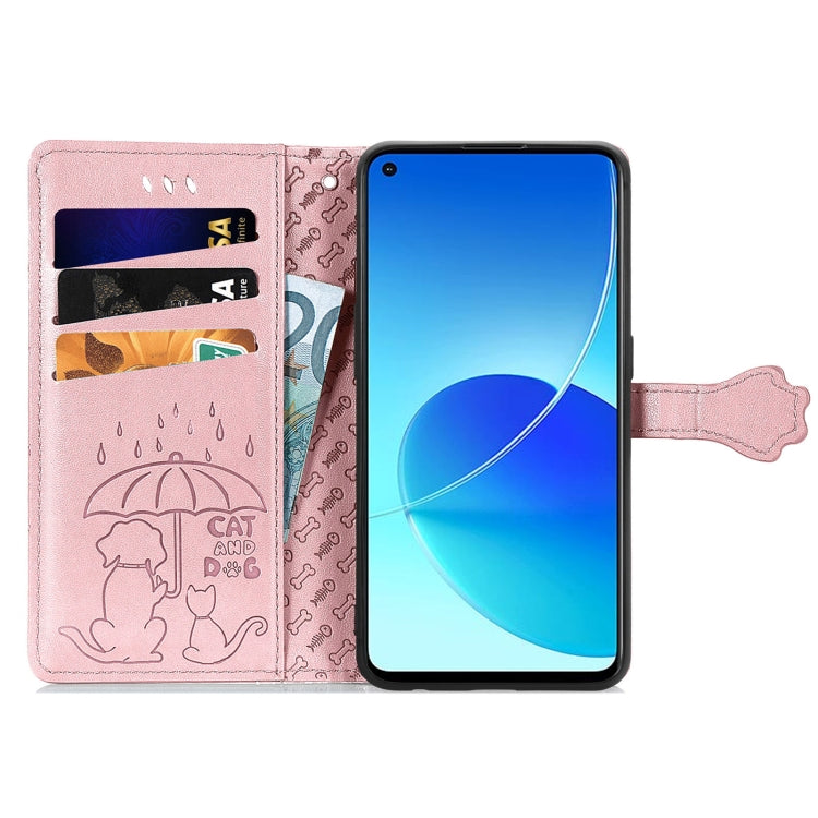 For OPPO Reno6 Z Lovely Cat and Dog Embossing Pattern Horizontal Flip Leather Case , with Holder & Card Slots & Wallet & Cartoon Clasp & Lanyard
