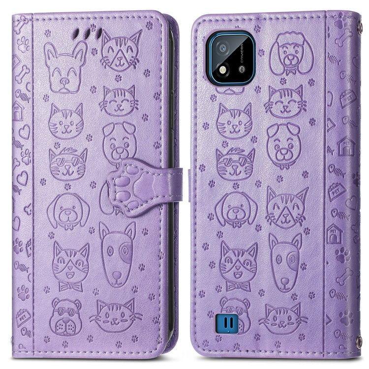 For OPPO Realme C20 Lovely Cat and Dog Embossing Pattern Horizontal Flip Leather Case , with Holder & Card Slots & Wallet & Cartoon Clasp & Lanyard