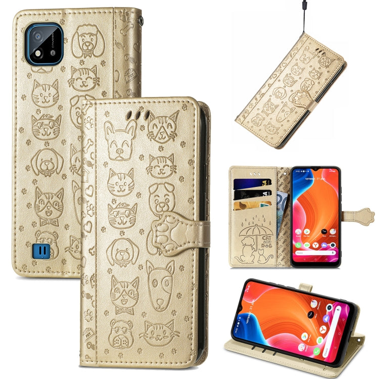 For OPPO Realme C20 Lovely Cat and Dog Embossing Pattern Horizontal Flip Leather Case , with Holder & Card Slots & Wallet & Cartoon Clasp & Lanyard
