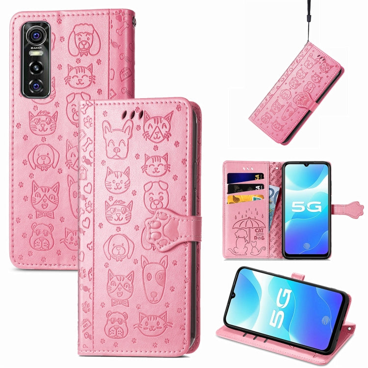 For Vivo S7e 5G Lovely Cat and Dog Embossing Pattern Horizontal Flip Leather Case , with Holder & Card Slots & Wallet & Cartoon Clasp & Lanyard