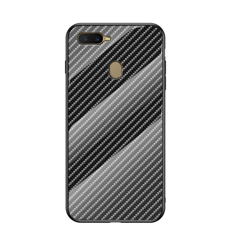 For OPPO A12 / A7 Gradient Carbon Fiber Texture TPU Border Tempered Glass Case