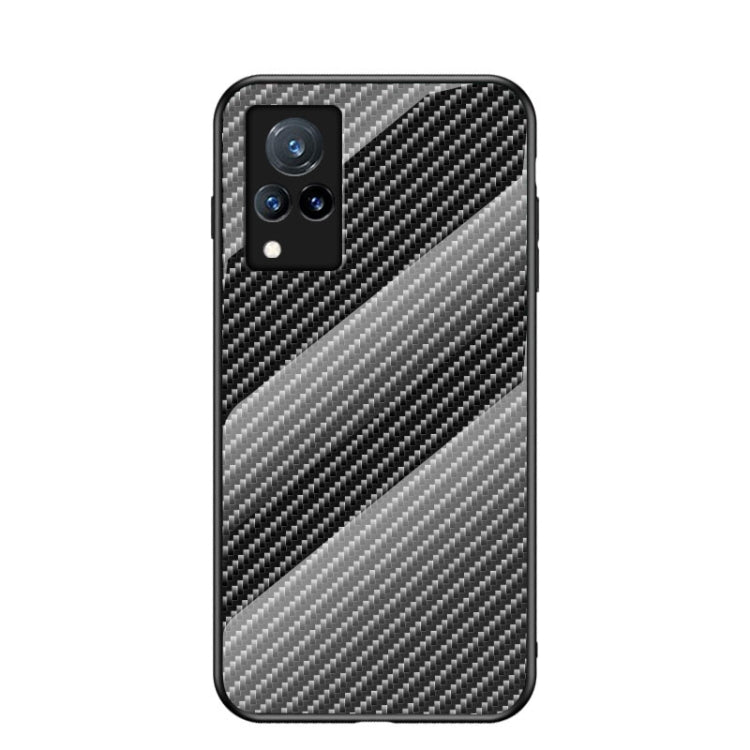 For vivo V21 5G Gradient Carbon Fiber Texture TPU Border Tempered Glass Case