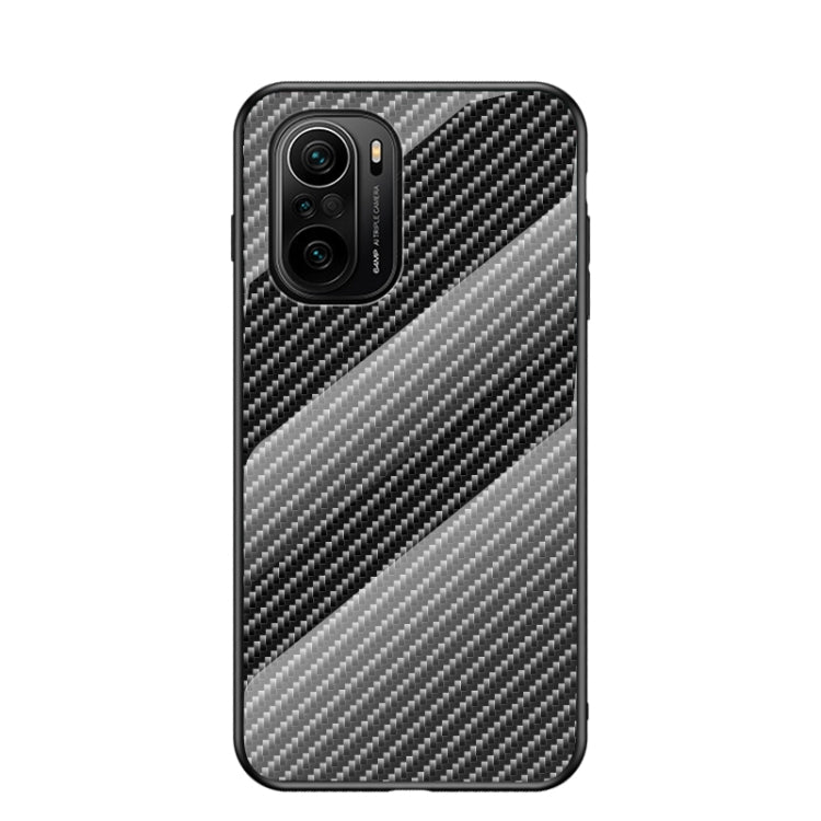 For Xiaomi Redmi K40 / Poco F3 Gradient Carbon Fiber Texture TPU Border Tempered Glass Case