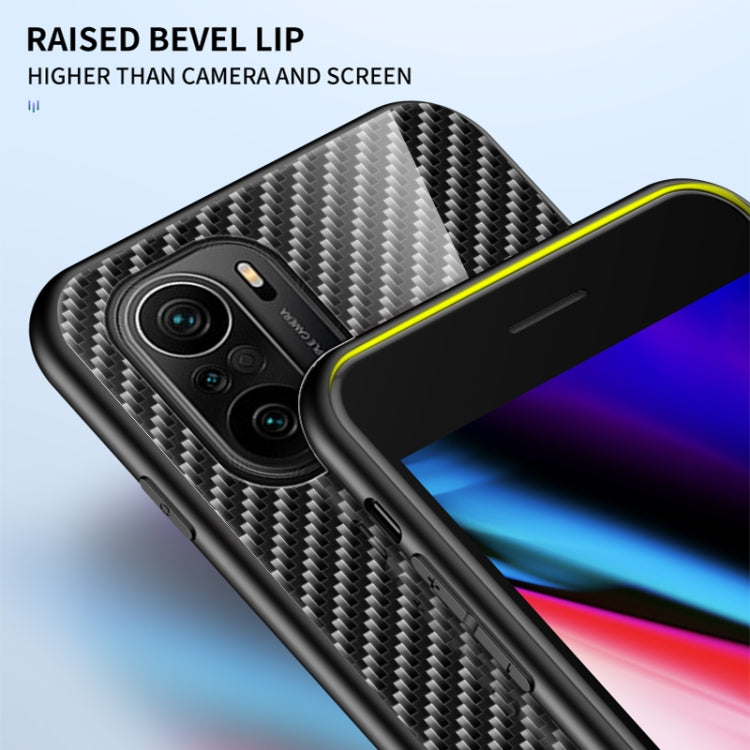 For Xiaomi Redmi K40 / Poco F3 Gradient Carbon Fiber Texture TPU Border Tempered Glass Case