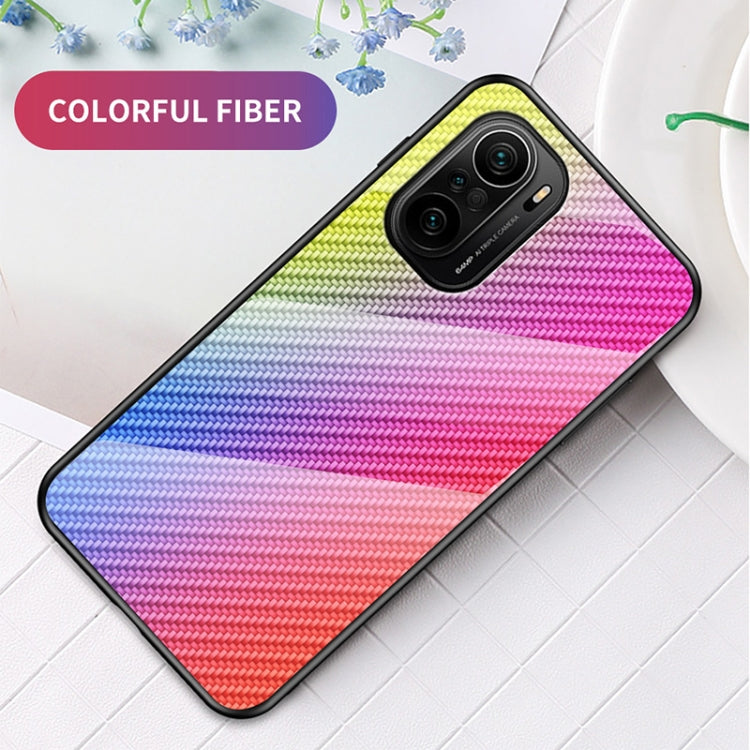 For Xiaomi Redmi K40 / Poco F3 Gradient Carbon Fiber Texture TPU Border Tempered Glass Case