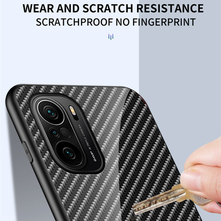 For Xiaomi Redmi K40 / Poco F3 Gradient Carbon Fiber Texture TPU Border Tempered Glass Case