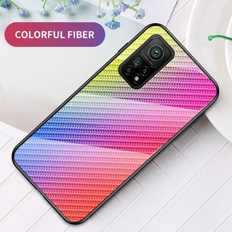For Xiaomi Mi 10T Pro Gradient Carbon Fiber Texture TPU Border Tempered Glass Case