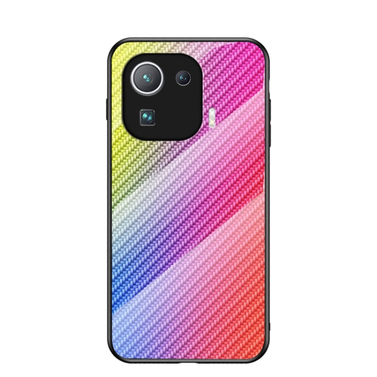 For Xiaomi Mi 11 Pro Gradient Carbon Fiber Texture TPU Border Tempered Glass Case