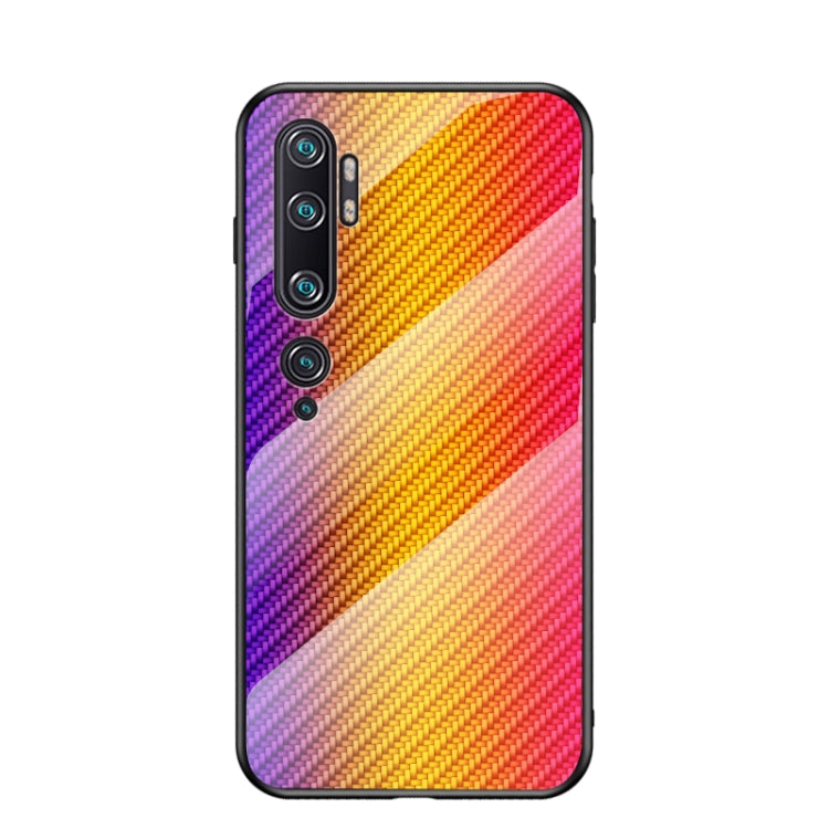 For Xiaomi Mi CC9 Pro Gradient Carbon Fiber Texture TPU Border Tempered Glass Case