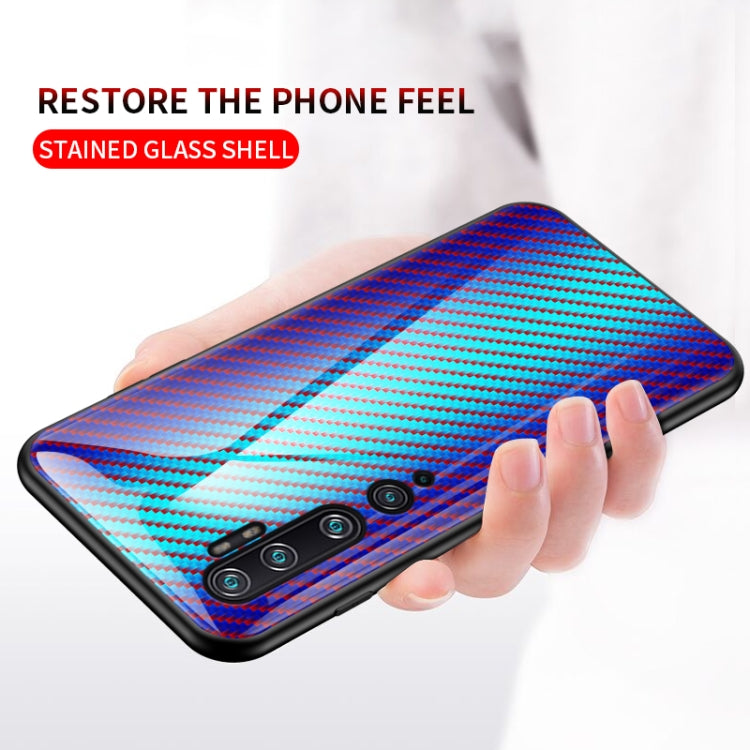 For Xiaomi Mi CC9 Pro Gradient Carbon Fiber Texture TPU Border Tempered Glass Case